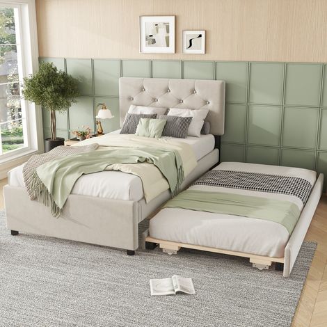 Lit double 90x200 avec rangement bac à roulettes - Tête de lit velours rembourrée - Style minimaliste beige (sans Matelas) (1/5)