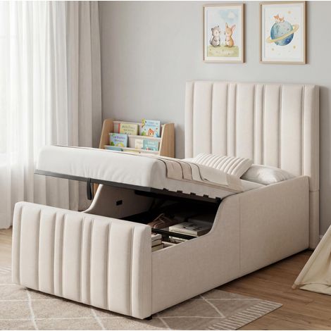 Cama infantil tapizada (214.5x106.5x102 cm), con almacenaje hidráulico, cabecero de rayas, lino beige (1/5)
