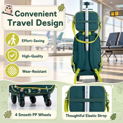 Cartable à roulettes enfant vert licorne, 3 pièces avec poignée réglable, sac repas isotherme et trousse pour école et vacances (1/5)