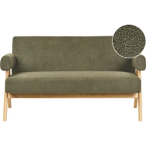 Sofá 2 plazas retro salón tapizado de bouclé patas de madera verde y marrón claro Tamre