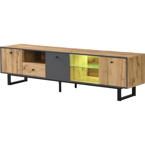Mueble de TV con 3 Puertas, 1 Cajón y 3 Huecos y LED, Estantes de Vidrio, Estilo Industrial, en Aglomerado, Natural, 190×40×50 cm (1/5)