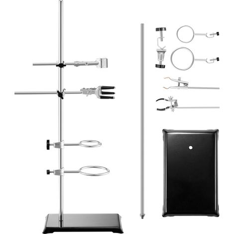 Support de laboratoire complet 2 ensembles, tige en acier 59,9 cm, base en fonte 21,1 x 13,5 cm, avec pinces pour ballon, burette et croisillon. (1/5)