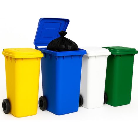 Set 4 pattumiere per raccolta differenziata da 120 Litri con Ruote, Coperchi e maniglia - Colori Verde, Bianco, Giallo e Blu (1/5)