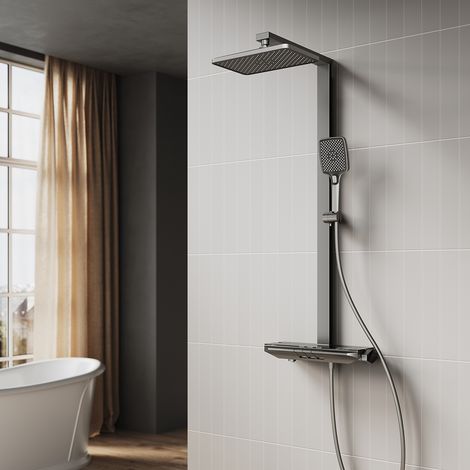 SIRHONA Colonne de Douche Thermostatique, Laiton Gris Colonne de Douche Tube Carré Affichage Digital Thermostat à Clavier Triple Fonction