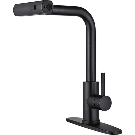 Robinet de Cuisine Cascade Noir, Rotatif à 360° Mitigeur Cuisine avec Douchette, Acier Inoxydable à Haute Pression avec Levier Unique et 3 Modes de Pulvérisation