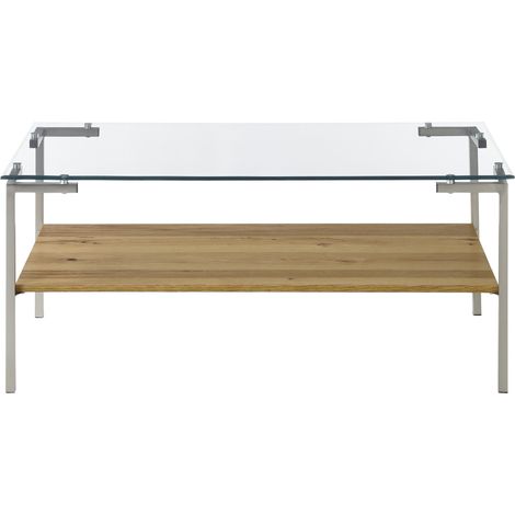 Table basse coloris chêne en verre / bois - Longueur 110 x hauteur 46 x profondeur 60 cm -PEGANE-