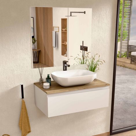BELLOBATH- Meuble de salle de bain suspendu avec lavabo en céramique et miroir, Meuble Monté 1 tiroir, 60 x 27 x 45 cm, meuble blanc et plateau chêne (1/5)