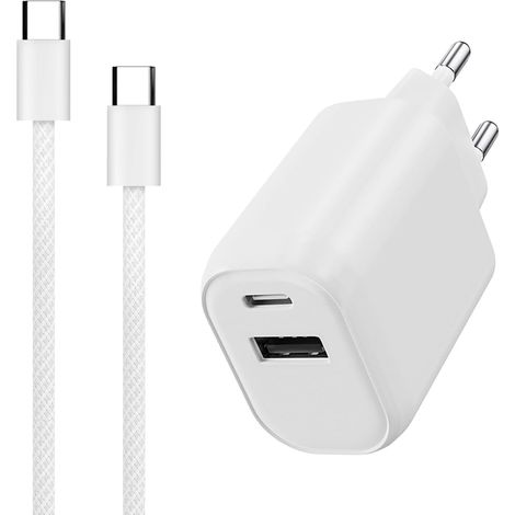 Chargeur Rapide 30W Double USB-C et USB avec Câble Nylon 1m - Recharge Rapide Sécurisée avec Puce IC, Chargeur Complet Prise + câble pour téléphone Type C, iPhone16-15, iPad, Samsung, Android (1/5)