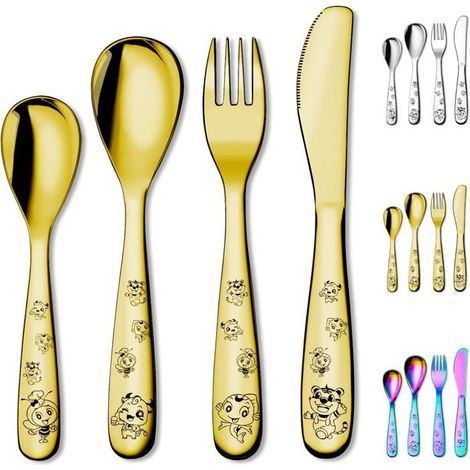 Couverts enfants 4 pièces - DOK - Placage or titane - Inox - Bords lisses - Miroir poli - Sécurité lave-vaisselle (1/5)