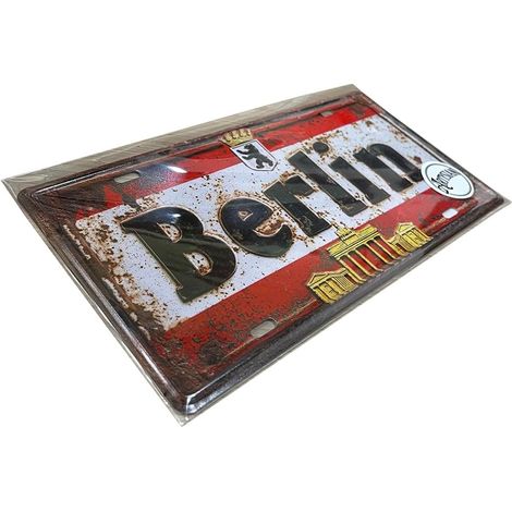 Plaque d'immatriculation vintage en métal - Souvenir de ville rétro avec porte de Brandebourg et ours de Berlin - Plaque de voyage en Allemagne - Décoration murale pour maison, bar, pub, garage - 30