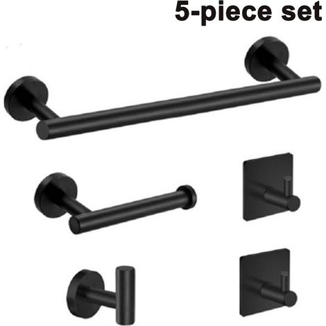 Ensemble d'accessoires de salle de bain 5 pièces en acier inoxydable : barre porte-serviettes allongée, porte-papier toilette et 3 crochets pour peignoir/serviette. (1/4)