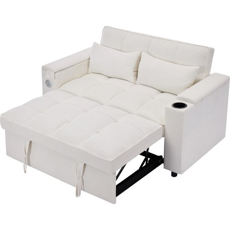 Canapé-lit 2 places beige polyvalent avec tablette cachée, ports USB et dossier réglable (1/5)