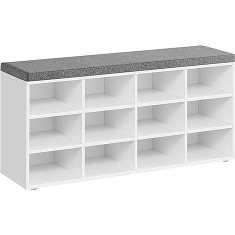 Vasagle – Banc à chaussures blanc – Étagères réglables 104 x 30,3 x 48 cm – Capacité 136 kg – Panneau d'aggloméré et tissu façon lin