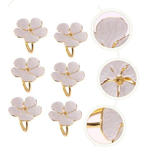 Juego de 6 servilleteros con flores primaverales: servilleteros de metal blanco y dorado con motivo floral, cumpleaños, fiestas (1/5)