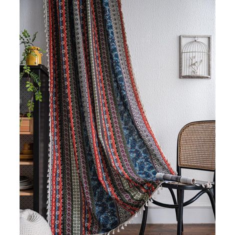 Rideau Bohème Vintage - 150x240cm - Coton Lin Rouge - Semi-Occultant - 1 Panneau (1/5)