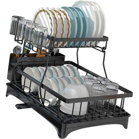 Égouttoir vaisselle 2 niveaux en acier inoxydable pour assiettes bols avec support verres couverts pour plan de travail cuisine noir 44x31x33cm (1/4)