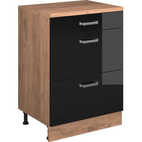 Mueble para ático Rion, Negro brillo intenso, 60 x 81.6 cm sin inclinación con 3 cajones, Vicco (1/5)