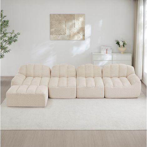 Sofá modular de 4 plazas con ottoman, forma de concha, asiento profundo, beige blanco (1/5)
