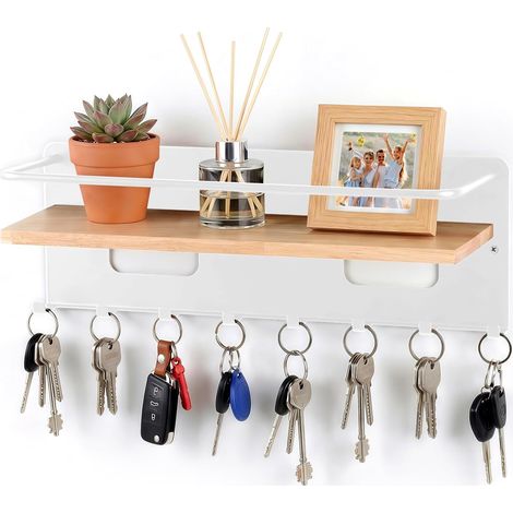 Wall Mounted Key Ring with 8 Hooks, Wooden Key Ring with Shelf (1/5)