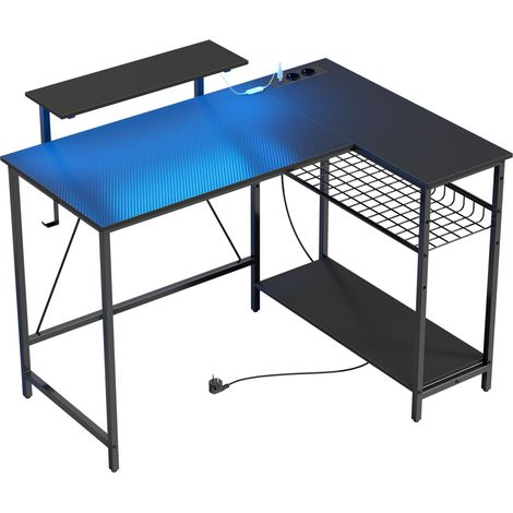 Scrivania da Gaming Angolare con LED Prese Elettriche Supporto per Monitor e Scaffale Nero (1/5)