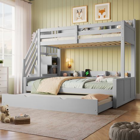 Litera 90x200 y 140x200 cm gris, con cama nido, escalera de almacenaje, estantes y USB, estructura de pino, sin colchones (1/5)