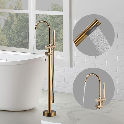 Robinet de Baignoire sur Pied, Robinet de Bain avec Douchette et Tuyaux, Bec Pivotant À 360°, Mitigeur Cartouche en Céramique, Douche à Double Mode, pour Baignoires d'Hôtel ou Domestiques, Or (1/5)