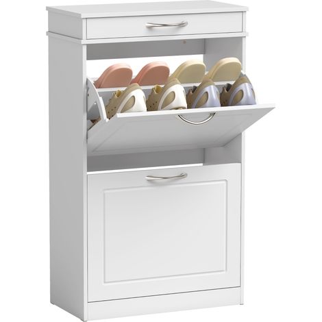 Meuble à chaussures étroit avec 2 portes et tiroir, rangement réglable pour 8 paires de chaussures, idéal pour petits espaces. (1/5)