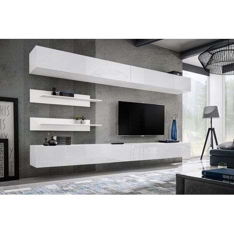 Ensemble mural - FLY I - 2 rangements - 2 meubles TV - 2 étagères - Blanc - Livraison gratuite
