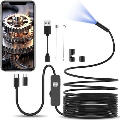 Caméra endoscopique avec lumière, caméra d'inspection pour câble semi-rigide de 10 m, endoscope de type C 8,0 mm et 6 LED, caméra endoscope USB pour téléphone Android, tablettes (1/4)