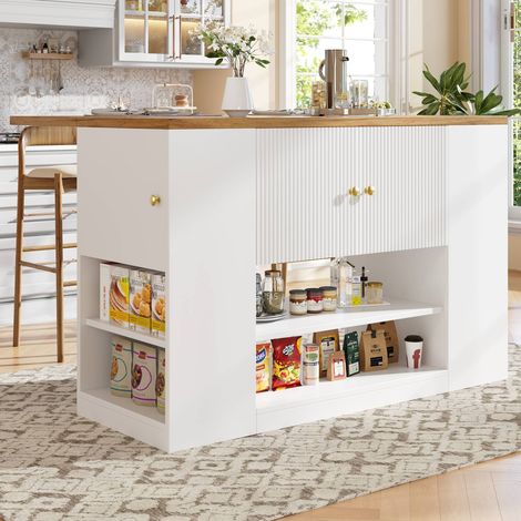 Îlot de cuisine blanc avec tiroirs et étagères, meuble de rangement cuisine et salle à manger (1/5)