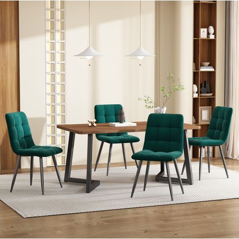 MEUBLIV Ensemble table à manger 5 pièces noyer et vert foncé avec 4 chaises en velours (1/5)