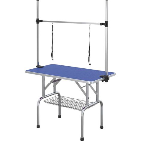 42" Dog Grooming Table, Adjustable Pet Cat Drying Beauty Table 2 Loops Storage Basket, Rubber Top, Blue (1/5)