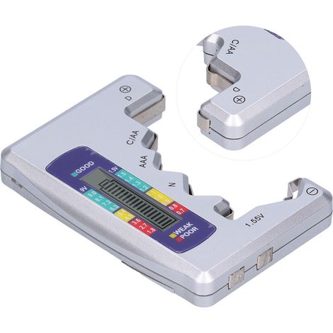 Testeur de piles universel pour usage domestique, compatible avec les piles AA, AAA, N et 9V (argenté). (1/5)