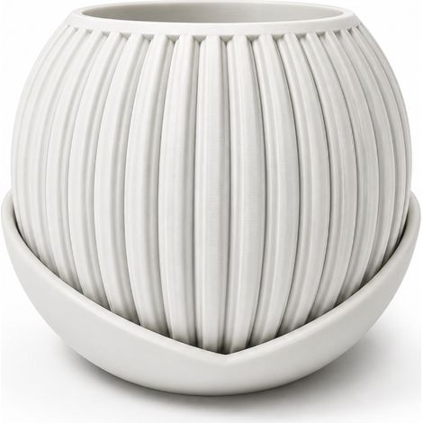 Maceta blanca a rayas con un platillo decorativo moderno. (1/3)