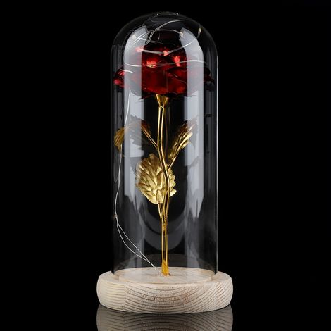 Rose éternelle illuminée par LED avec couvercle en verre et socle en bois, rouge, idéale pour la Saint-Valentin ou un mariage. (1/5)