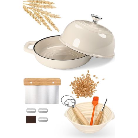 Gusseiserner Schmortopf mit Deckel, 5-Liter-Schmortopf, Brotbackformen mit Gärkorb, Schneidemaschine, Teigknetmaschine, gusseiserner Schmortopf zum Kochen und Backen (1/5)