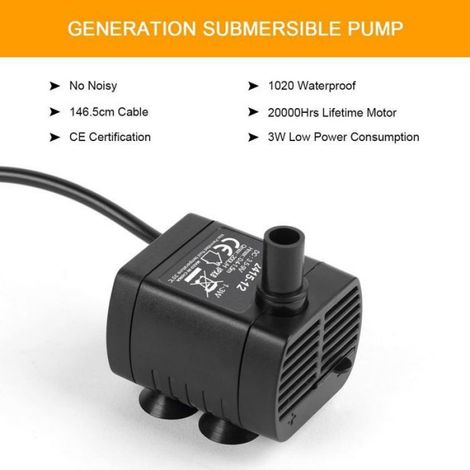 Pompe Aquarium - 200 L/H - 3 W - Alimentation USB - Pour Bassin Fontaine - Noir - 1 Pièce (1/5)