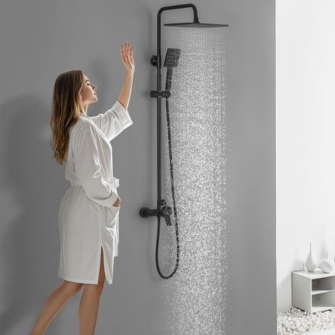 Auralum Max Columna Ducha con Mezclador Negro Mate, Barra Extensible 124cm, Conjunto de Ducha con Rociador Cuadrado 10", Grifería de Latón Antical y Flexo PVC 1.5m, Ideal para Reformas Sin Nuevos Aguj (1/5)