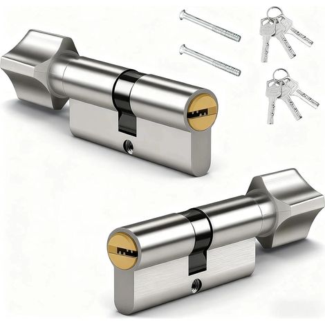 Set mit 2 Zylinderschlössern 30/30 (70 mm), Zylinder mit Drehknopf für Einsteckschlösser, inklusive 6 Schlüsseln und Schrauben für Haustür und Garage, silberfarben