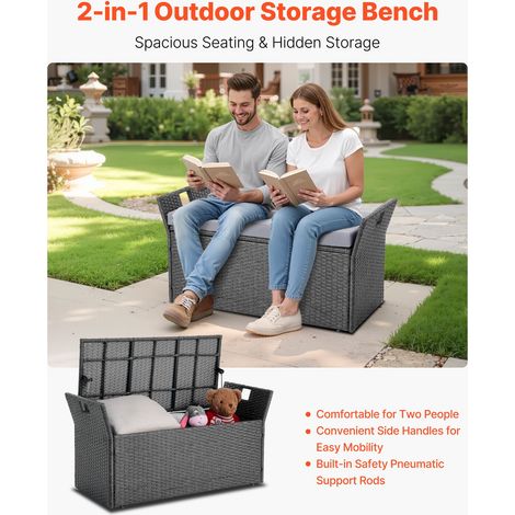 Gartenbank mit Stauraum 180 kg, PE-Rattan-Sitzbank, Sitztruhe mit Kissen & seitlichem Griff, Aufbewahrungsbank, Sitzgelegenheit & Veranda-Dekor für Terrasse, Garten & Balkon, 104x45x52cm