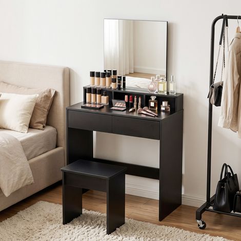 Coiffeuse avec miroir, 3 étagères, 2 tiroirs et tabouret, en bois, 75 x 38 x 135 cm, noir (1/5)
