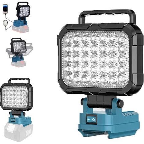 Wiederaufladbare LED-Arbeitsleuchte, kompatibel mit 18V Makita-Akkus, kabellos, mit 2 USB-Anschlüssen, Haken für Garagen (1/5)