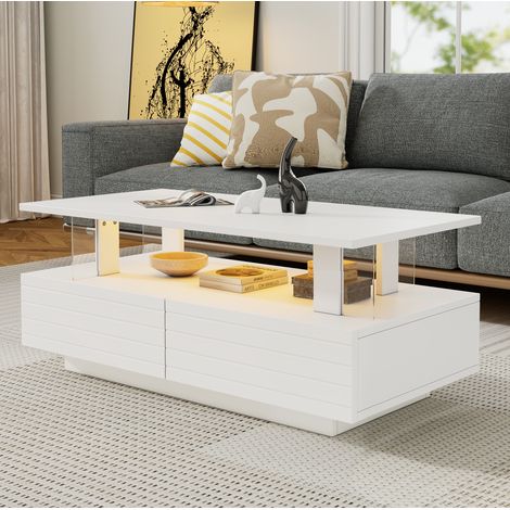 Table basse LED 100x50x42 cm blanche en acrylique avec rangement et éclairage connecté (1/5)