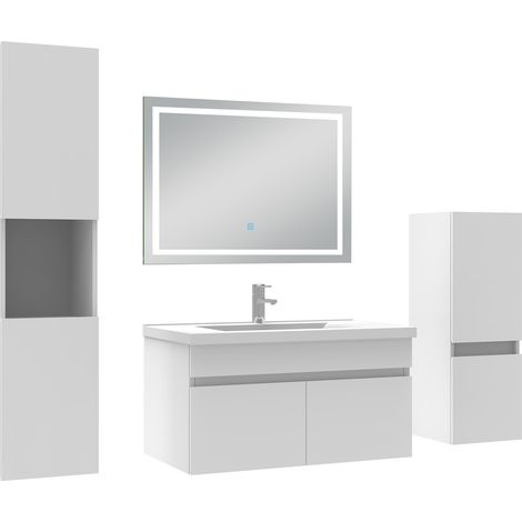 Ocean Ensemble meuble salle de Bain 80cm avec colonne + miroir mural lumineux 3 couleurs blanc