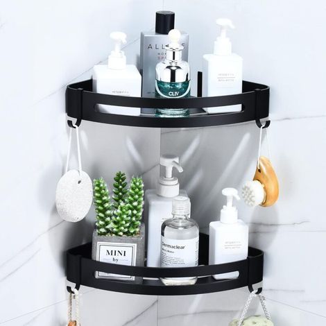 No-Drill Bathroom Shelf, Black Wall-Mounted Shower Shelf, Corner Storage Basket with 4 Hooks, Corner Shelf (2 Tiers, Triangle)