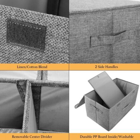 Lot de 2 boîtes de rangement avec couvercles et poignées, organiseurs pliables pour linge, conteneurs avec séparateurs amovibles pour la maison, la chambre, le placard et le bureau (gris, petit) (1/3)