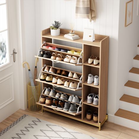 Meuble à chaussures 3 abattants avec niches latérales ouvertes et plateau supérieur, style nordique, 90x24x119 cm,  MDF, chêne clair