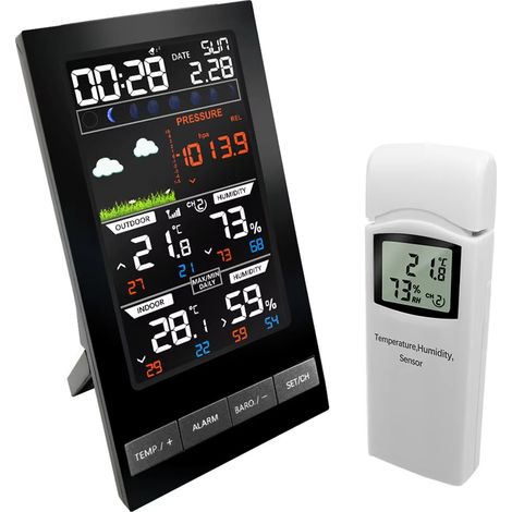 2810 Higrómetro inalámbrico con sensor para interiores y exteriores, estación meteorológica, barómetro de presión (mmHg) y despertador (1/5)