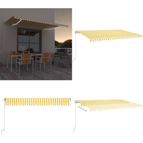Auvent manuel rétractable avec LED 500x300 cm Jaune et blanc - Auvent Retractable - Store Banne - Parasol - Abri Extérieur - Éclairage Led Solaire - Home & Living