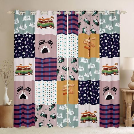 Camper Schecked Rideaux de fenêtre à fermeture éclair sur le thème du camping - Décoration d'intérieur - Pois grillagés - Blanc et rose - Durable - Cadeaux pour enfants - 2 panneaux, taille - 183x117c (1/5)